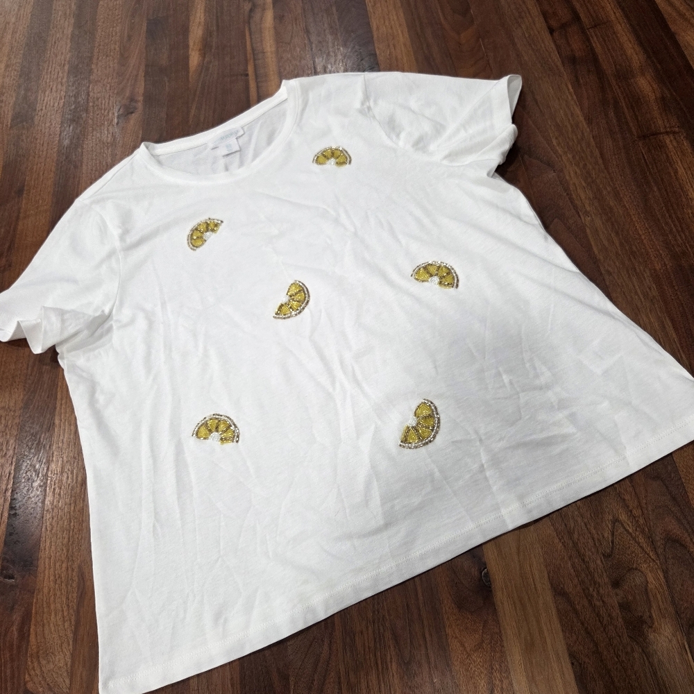 Cynthia Rowley White Tee with Beaded Lemon Slices Size XL